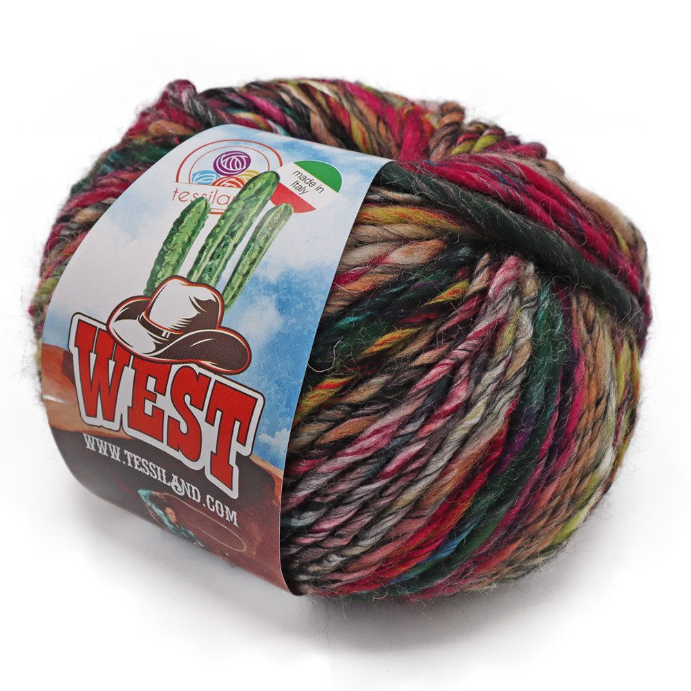 Gomitolo West di Tessiland multicolore con rosso, verde scuro e beige